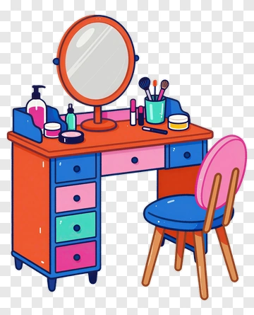 Colorful Makeup Vanity With Mirror And Chair PNG