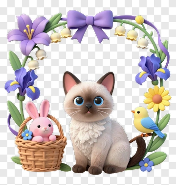 Cartoon Cat With Bunny And Floral Basket PNG