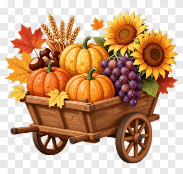 Harvest Cart With Pumpkins And Sunflowers PNG