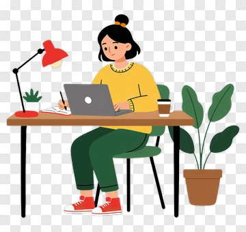 Woman Working At A Desk With Laptop And Plant PNG