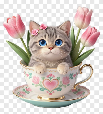 Cute Cat In A Floral Tea Cup With Tulips PNG