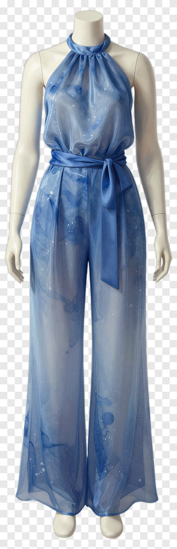 Blue Sheer Jumpsuit With Belt PNG