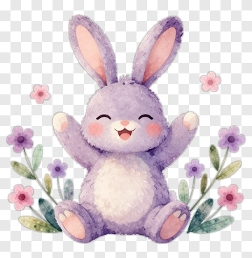 Cartoon Purple Bunny Sitting Among Flowers PNG