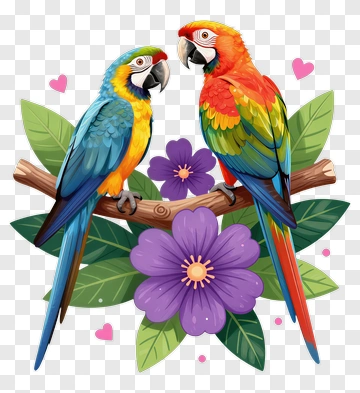 Colorful Parrots Sitting On A Branch With Flowers PNG