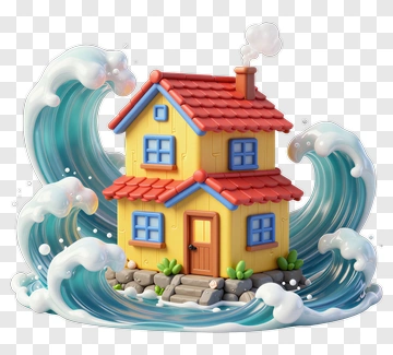3D House Surrounded By Waves PNG