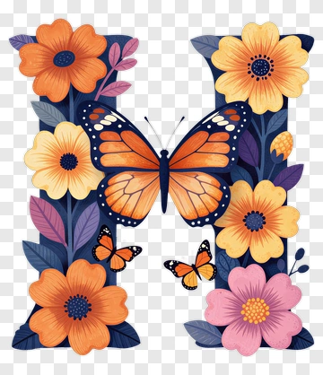 Floral Letter H With Butterflies PNG