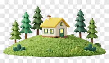 3D House Surrounded By Trees On A Green Hill PNG