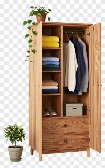 Wooden Wardrobe With Shelves And Potted Plant PNG