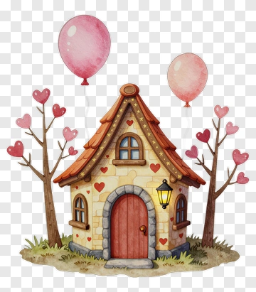 Colorful Cottage With Balloons And Heart Trees PNG