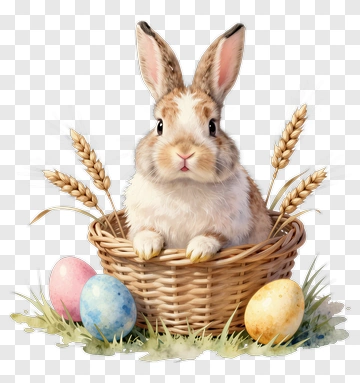Easter Bunny In A Basket With Colorful Eggs PNG