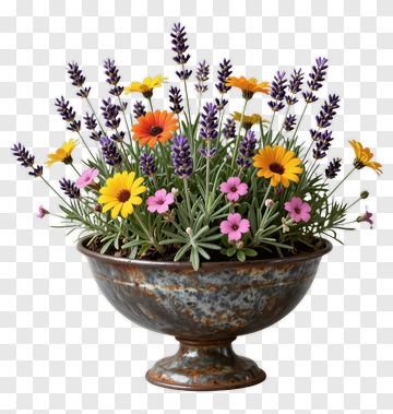 Colorful Flower Arrangement In Decorative Bowl PNG