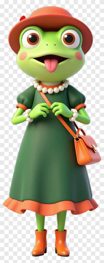 Cartoon Frog Wearing A Green Dress And Orange Hat PNG