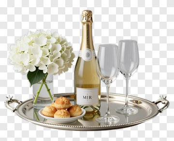 Elegant Tray With Wine, Glasses, And Flowers PNG
