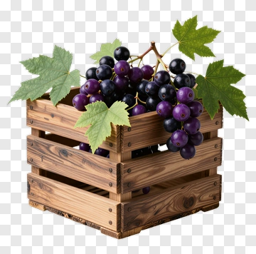 Wooden Crate Filled With Grapes And Leaves PNG