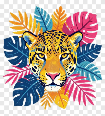 Colorful Leopard Surrounded By Tropical Leaves PNG