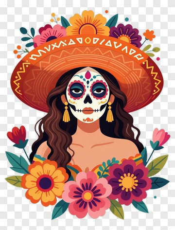 Colorful Woman With Sugar Skull Makeup And Flowers PNG