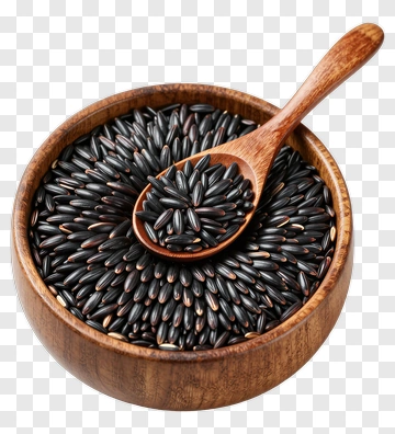 Wooden Bowl Of Black Rice With Spoon PNG