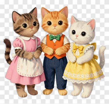Cartoon Kittens Dressed In Colorful Outfits PNG