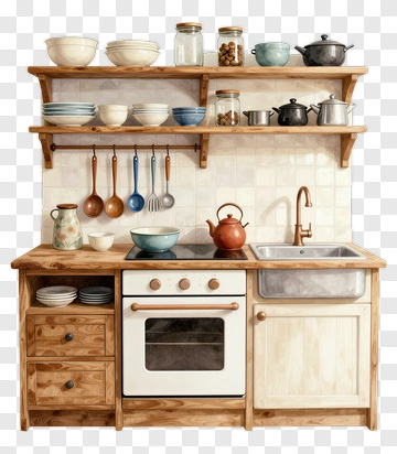 Wooden Kitchen With Cookware And Utensils PNG