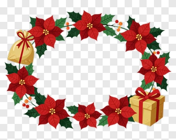 Poinsettia Christmas Wreath With Gift Box PNG