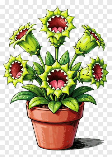Colorful Flower Pot With Carnivorous Plants PNG