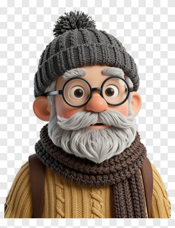 3D Cartoon Elderly Man With Glasses And Hat PNG