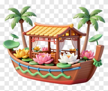 Colorful Boat With Lotus Flowers And Palm Trees PNG