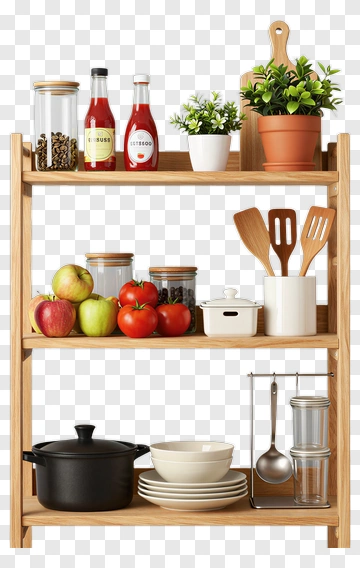 Kitchen Shelf With Cooking Utensils And Ingredients PNG