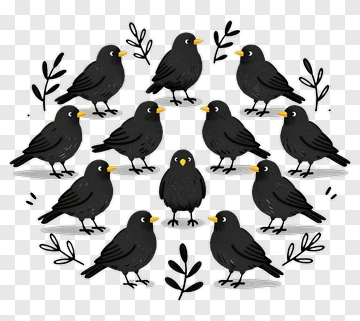 Cartoon Black Birds With Leaves PNG