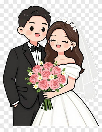 Cartoon Wedding Couple Holding A Bouquet PNG