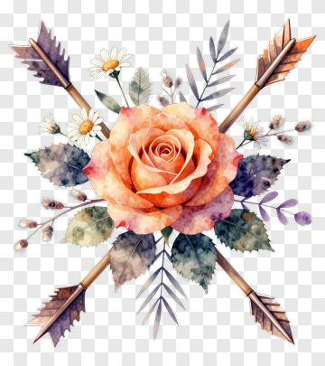 Watercolor Rose With Arrows And Wildflowers PNG
