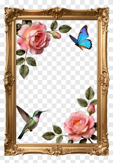Golden Frame With Roses And Hummingbird PNG
