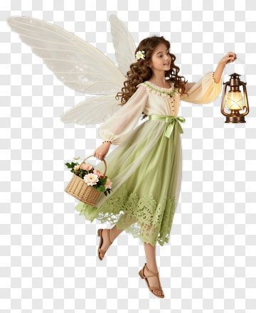 Fairy Girl Holding A Lantern And Flower Basket PNG
