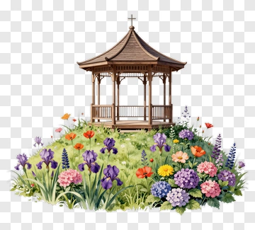Wooden Gazebo Surrounded By Colorful Flowers PNG