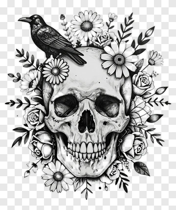 Skull Surrounded By Flowers And A Crow PNG
