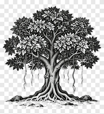 Black And White Tree With Detailed Roots And Leaves PNG