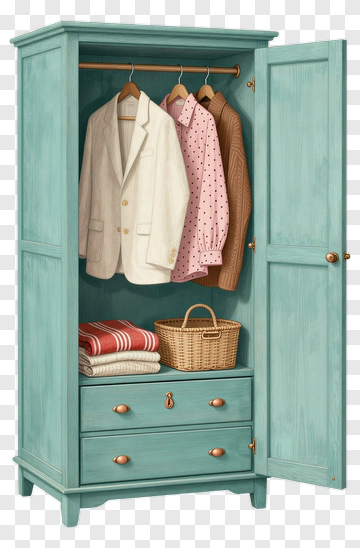 Wooden Wardrobe With Clothes And Basket PNG