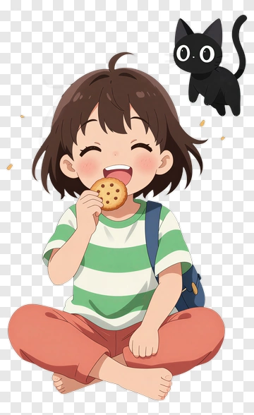 Happy Girl Eating A Cookie With A Cat PNG