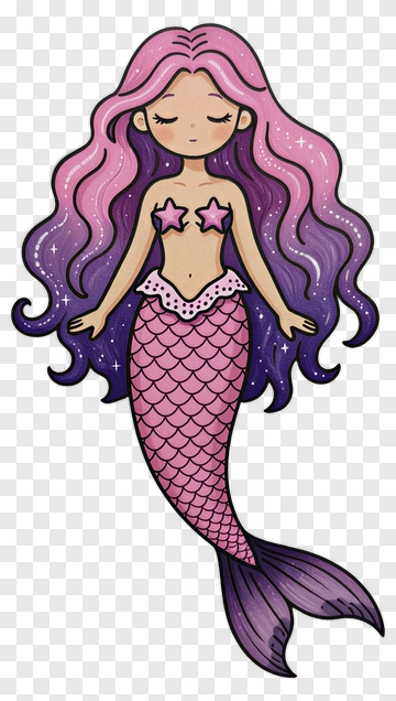 Cartoon Mermaid With Pink Hair And Starfish PNG
