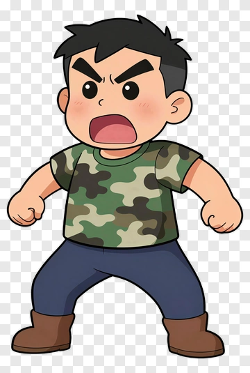 Angry Cartoon Boy In Camouflage Shirt PNG