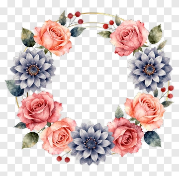 Floral Wreath With Roses And Blue Flowers PNG