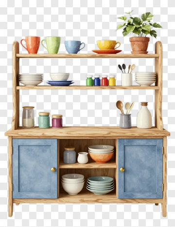 Wooden Kitchen Shelves With Colorful Dishes And Plants PNG