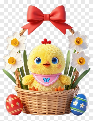 Cute Chick In An Easter Basket With Flowers And Eggs PNG