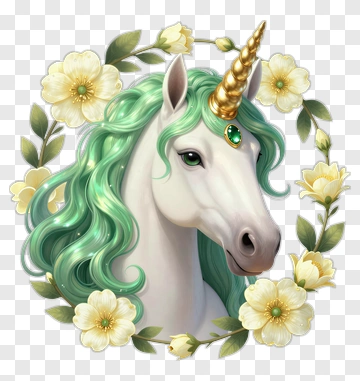 Unicorn With Green Mane Surrounded By Flowers PNG