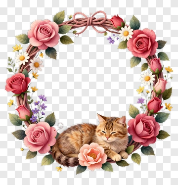 Cat Lying In A Floral Wreath PNG