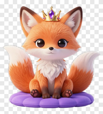 3D Fox With Crown Sitting On A Purple Cushion PNG