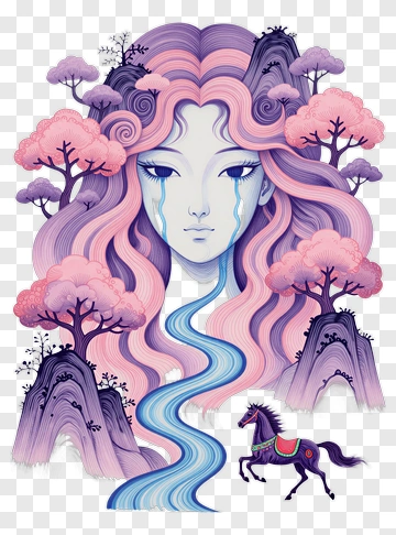 Fantasy Woman With Flowing Hair And River PNG