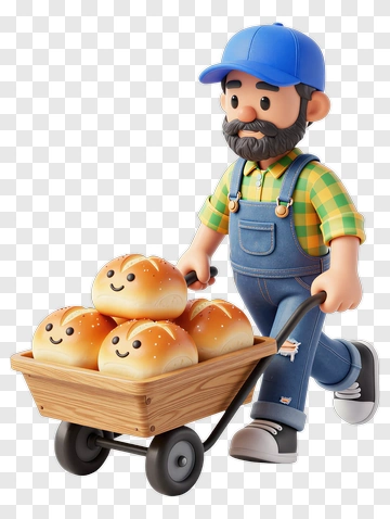 3D Farmer Pushing A Wheelbarrow Of Bread Rolls PNG