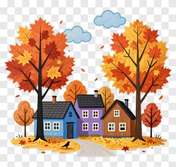 Autumn Landscape With Colorful Houses And Trees PNG