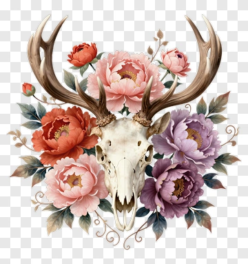 Deer Skull Surrounded By Colorful Flowers PNG